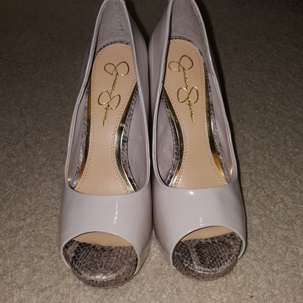 Jessica Simpson peep toe heels w/snakeskin detail